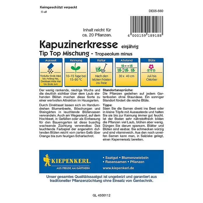 Kiepenkerl Profi-Line Kräutersamen Kapuzinerkresse - Tropaeolum minus, Saatzeit: Mai - Rückansicht