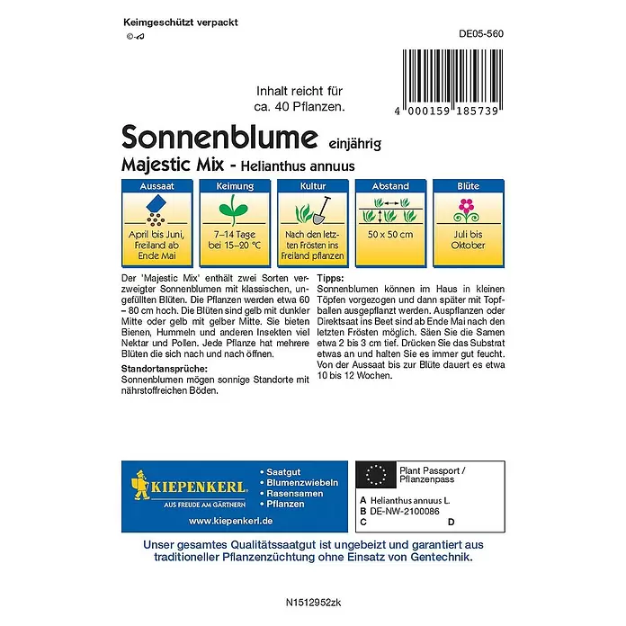 Kiepenkerl Profi-Line Blumensamen Sonnenblume - Majestic Mix, Helianthus annuus, Blütezeit: Juli - Rückansicht