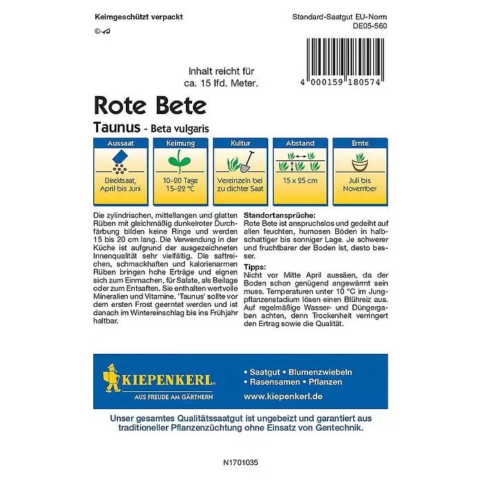Kiepenkerl Profi-Line Gemüsesamen Rote Bete - Taunus F1, Beta vulgaris, Erntezeit: Juli - Rückansicht