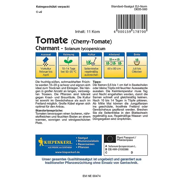 Kiepenkerl Profi-Line Gemüsesamen Cherry-Tomate Charmant - Solanum lycopersicum, Erntezeit: Juli - Rückansicht
