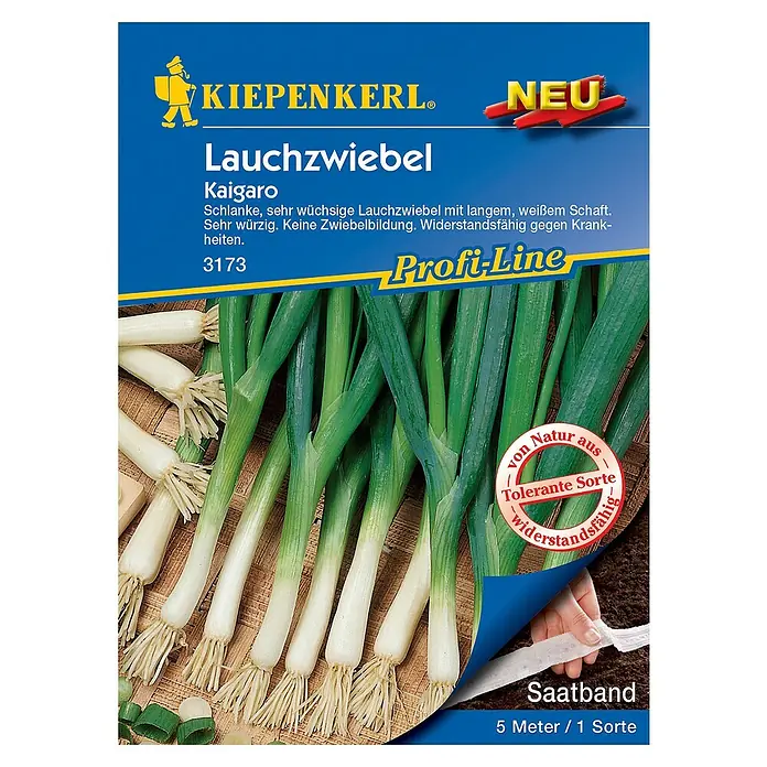 Kiepenkerl Gemüsesamen Lauchzwiebel Kaigaro - Allium fistulosum, Erntezeit: Mai, Saatband - Vorderansicht
