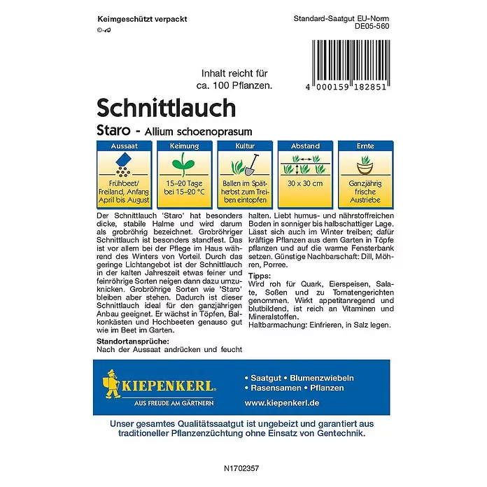 Kiepenkerl Profi-Line Kräutersamen Schnittlauch - Allium schoenoprasum, Saatzeit: April, Erntezeit: Ganzjährig - Rückansicht