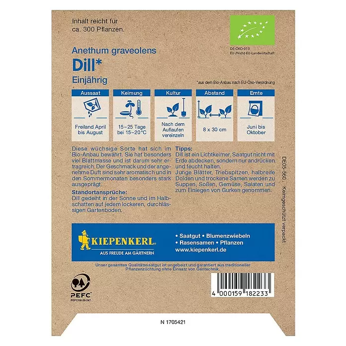Kiepenkerl Profi-Line Kräutersamen Bio Dill - Anethum graveolens var. hortorum, Saatzeit: April, Erntezeit: Juni - Rückansicht