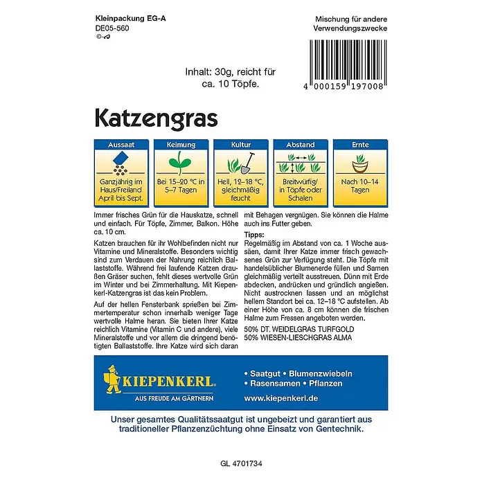 Kiepenkerl Profi-Line Saatgut Katzengras - Verschiedene sorten - Rückansicht