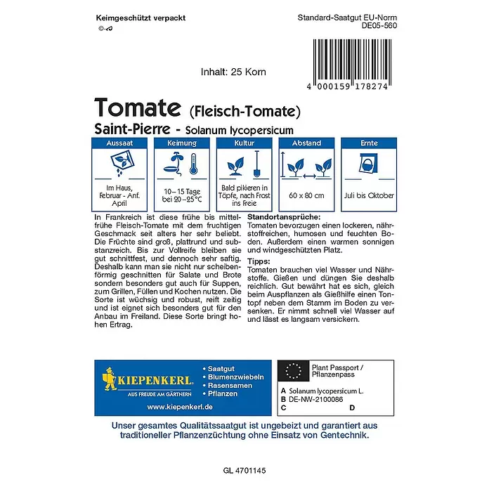 Kiepenkerl Gemüsesamen Tomate Saint-Pierre - Solanum lycopersicum, Erntezeit: Juli - Rückansicht