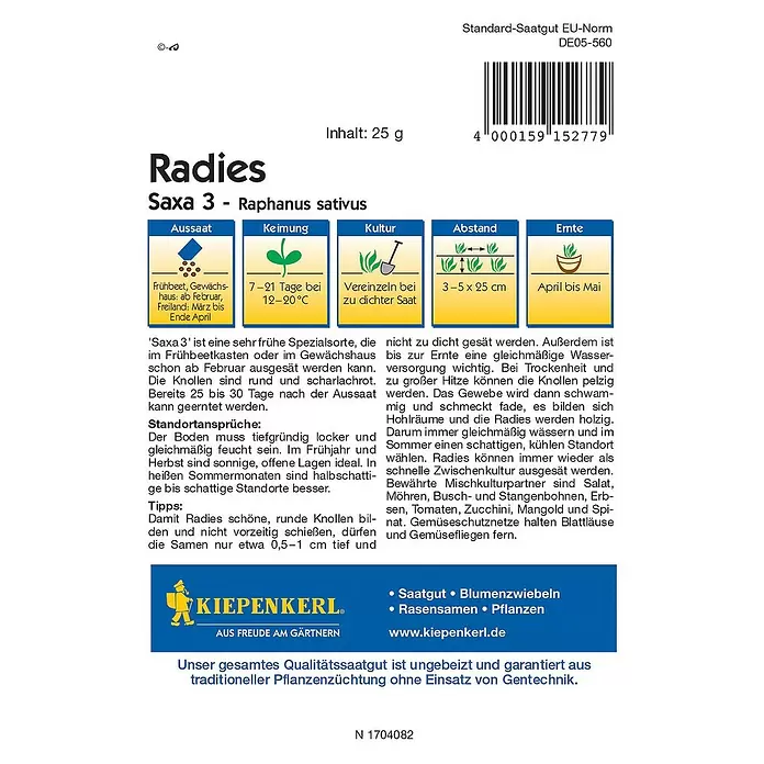 Kiepenkerl Gemüsesamen Radieschen - Saxa 3, Raphanus sativus var. sativus, Erntezeit: April - Rückansicht