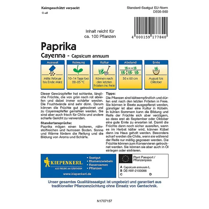 Kiepenkerl Gemüsesamen Cayenne Pfeffer - Capsicum annuum, Erntezeit: August - Rückansicht