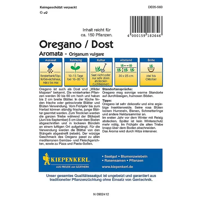 Kiepenkerl Profi-Line Kräutersamen Oregano - Origanum majorana, Erntezeit: Mai - Rückansicht