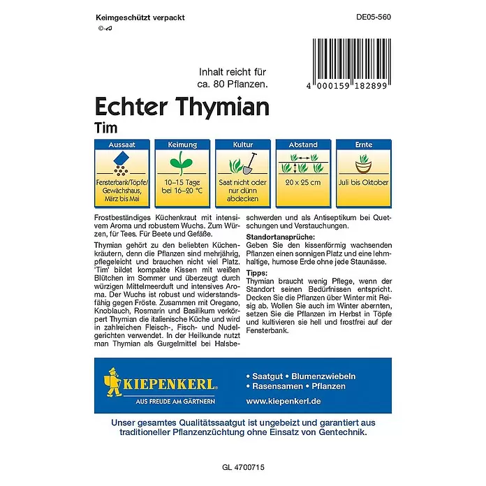 Kiepenkerl Profi-Line Kräutersamen Thymian - Thymus vulgaris, Erntezeit: Juli - Rückansicht
