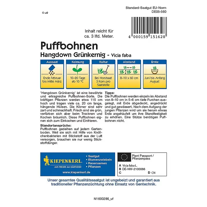 Kiepenkerl Gemüsesamen Puffbohne Hangdown - Vicia faba, Erntezeit: Juni - Rückansicht