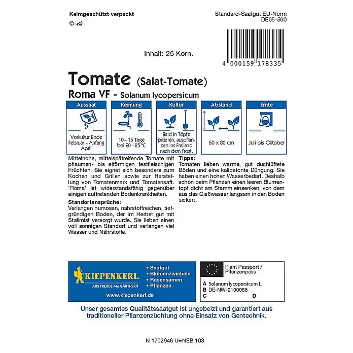 Kiepenkerl Profi-Line Gemüsesamen Tomate Roma - Solanum lycopersicum, Erntezeit: Juli - Rückansicht