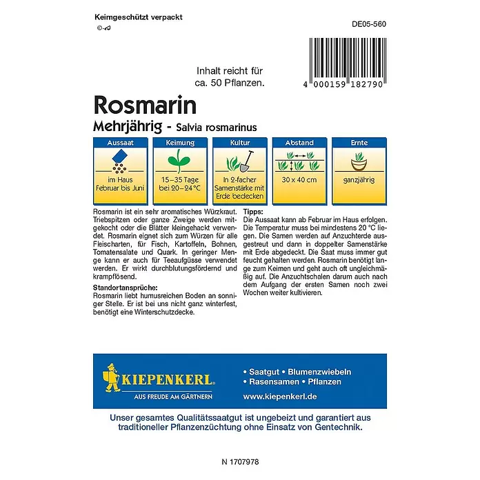 Kiepenkerl Profi-Line Kräutersamen Rosmarin - Rosmarinus officinalis, Saatzeit: Mai, Erntezeit: Ganzjährig - Rückansicht