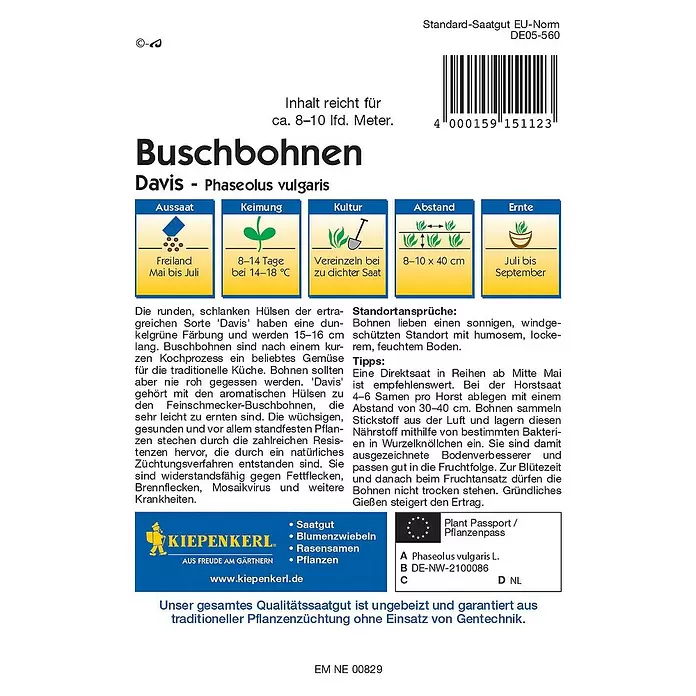 Kiepenkerl Profi-Line Gemüsesamen Buschbohne - Davis, Phaseolus vulgaris, Erntezeit: Juli - Rückansicht