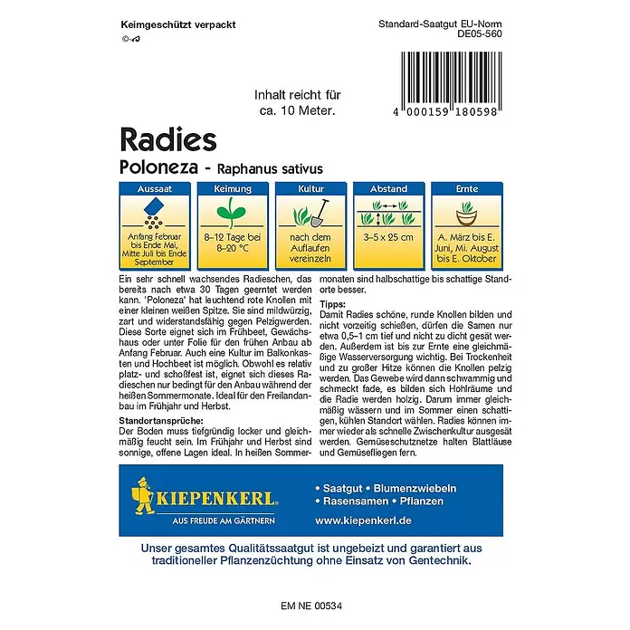 Kiepenkerl Gemüsesamen Radieschen - Poloneza, Raphanus sativus var. sativus, Erntezeit: März - Rückansicht