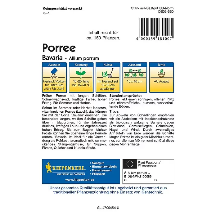 Kiepenkerl Profi-Line Gemüsesamen Porree Bavaria - Allium porrum, Erntezeit: August - Rückansicht