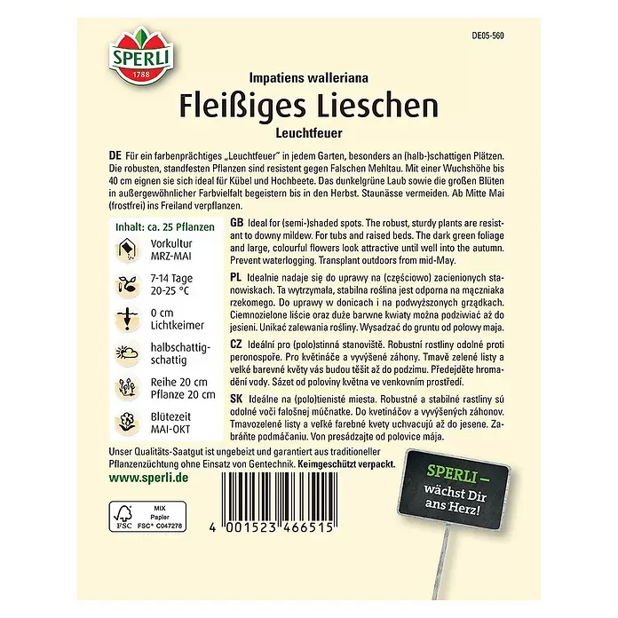 Sperli Blumensamen Fleißiges Lieschen - Impatiens walleriana - Rückansicht