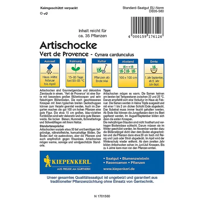 Kiepenkerl Profi-Line Gemüsesamen Artischocke - Cynara cardunculus, Erntezeit: September - Rückansicht
