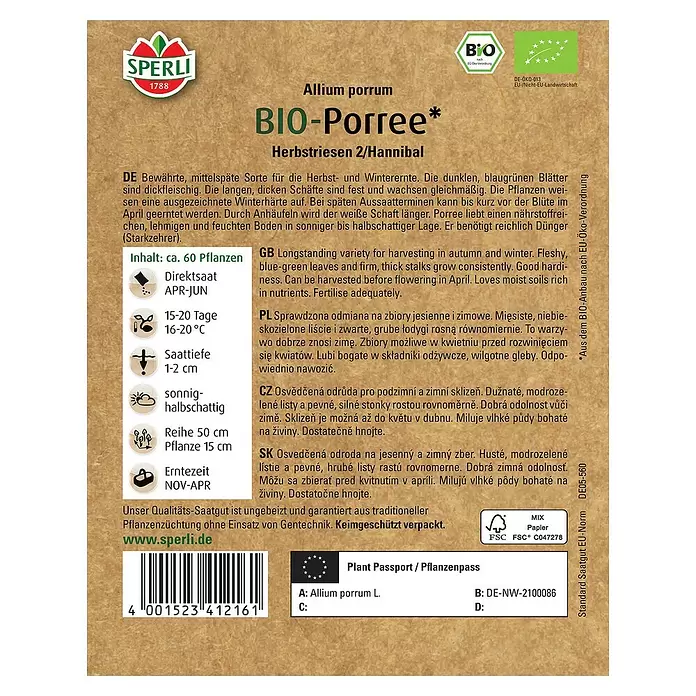 Sperli Gemüsesamen BIO Porree - Allium porrum, Erntezeit: November - Rückansicht