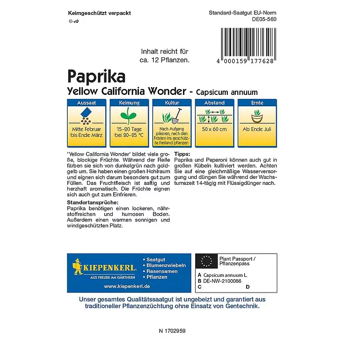 Kiepenkerl Gemüsesamen Paprika - Capsicum annuum, Erntezeit: Juli - Rückansicht