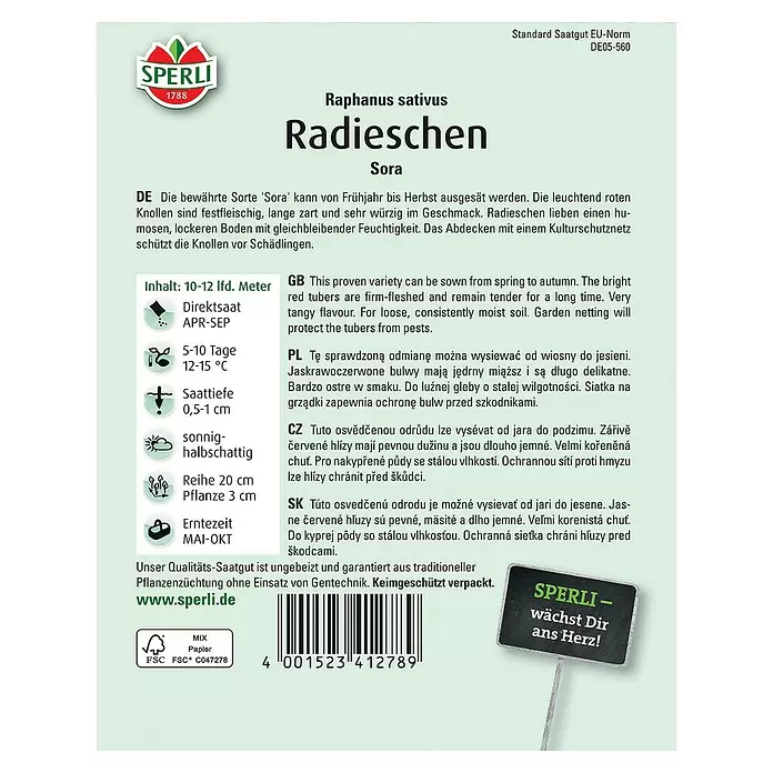 Sperli Gemüsesamen Radieschen Sora - Raphanus sativus, Erntezeit: Juni - Rückansicht