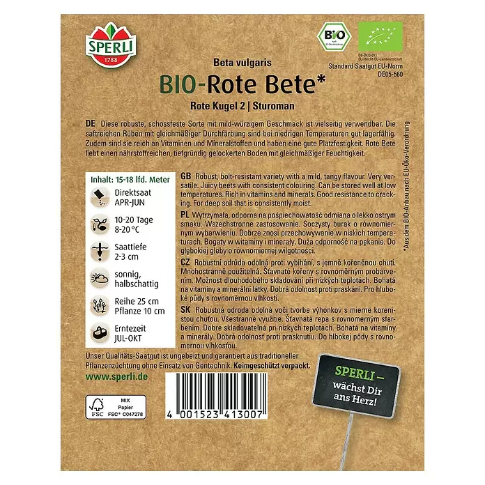 Sperli Gemüsesamen BIO Rote Beete - Beta vulgaris var. vulgaris, Erntezeit: Juli - Rückansicht