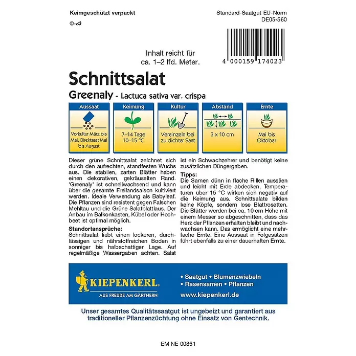Kiepenkerl Profi-Line Salatsamen Schnittsalat - Lactuca sativa var. crispa, Erntezeit: Mai - Rückansicht
