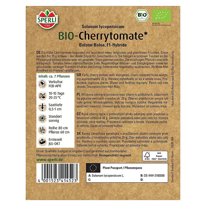 Sperli Gemüsesamen BIO Cherrytomate - Solanum lycopersicum, Erntezeit: Juli - Rückansicht
