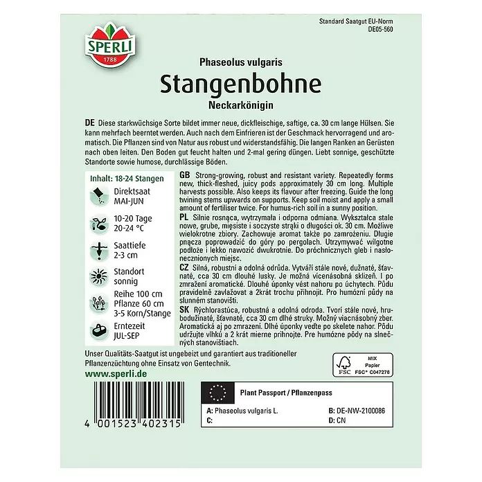 Sperli Gemüsesamen Stangenbohne - Phaseolus vulgaris, Erntezeit: Juli - Rückansicht