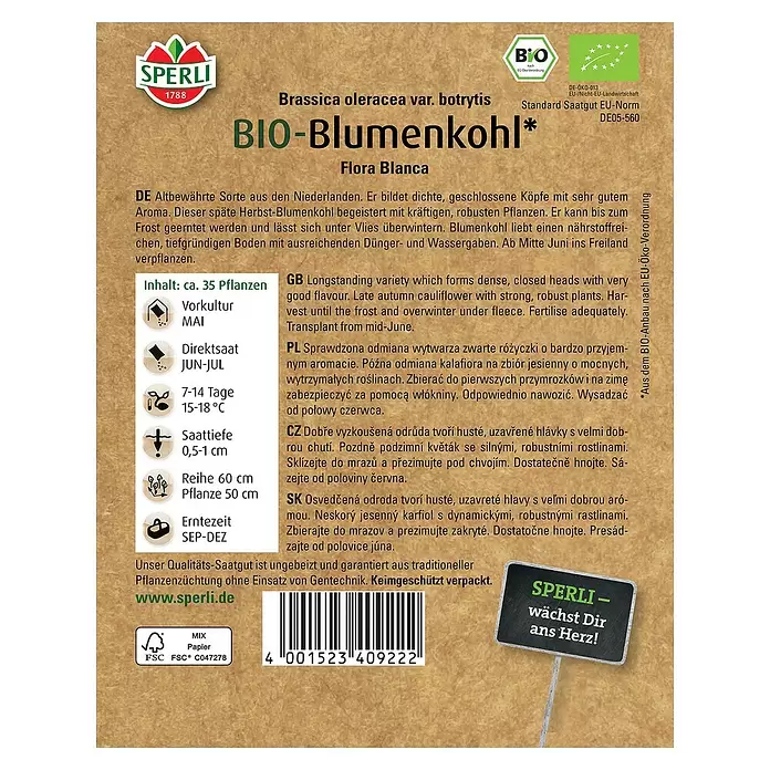 Sperli Gemüsesamen BIO Blumenkohl - Brassica oleracea var. botrytis, Erntezeit: September - Rückansicht