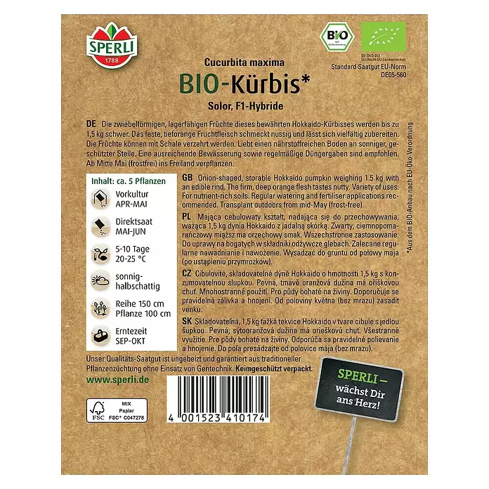 Sperli Gemüsesamen BIO Kürbis - Cucurbita maxima, Erntezeit: September - Rückansicht