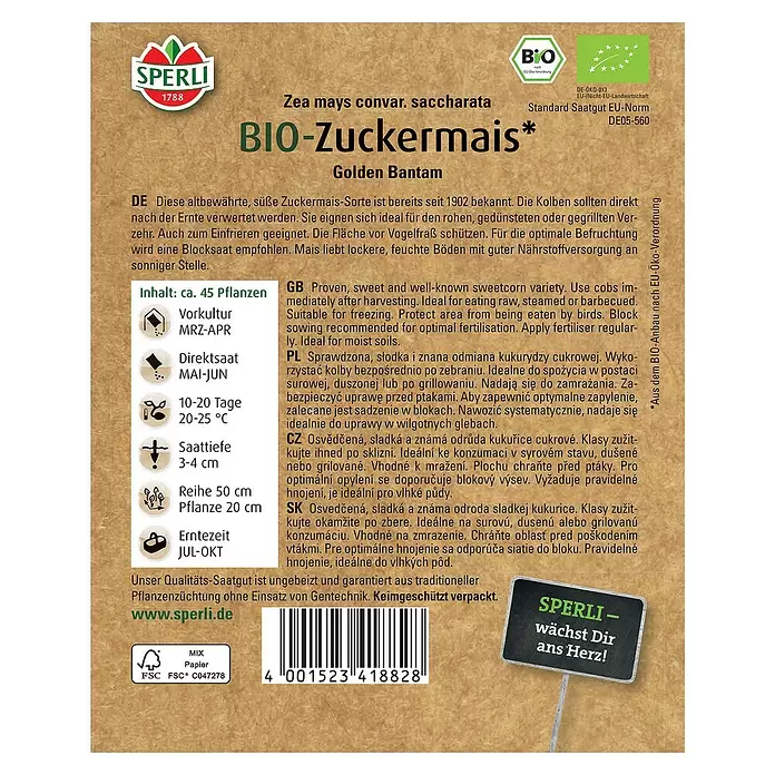 Sperli Gemüsesamen BIO Zuckermais - Zea mays ssp. saccharata, Erntezeit: Juli - Rückansicht