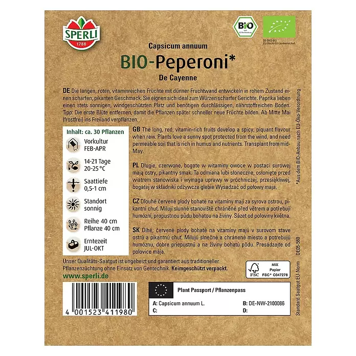 Sperli Gemüsesamen BIO Peperoni - Capsicum annuum, Erntezeit: Juli - Rückansicht