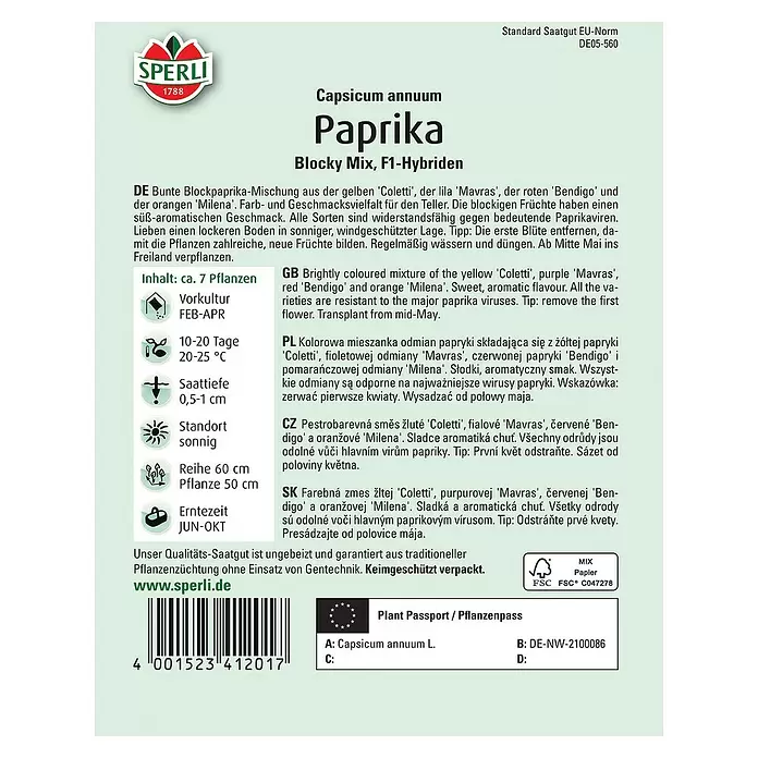 Sperli Gemüsesamen Paprika - Blocky Mix F1, Capsicum annuum, Erntezeit: Juni - Rückansicht