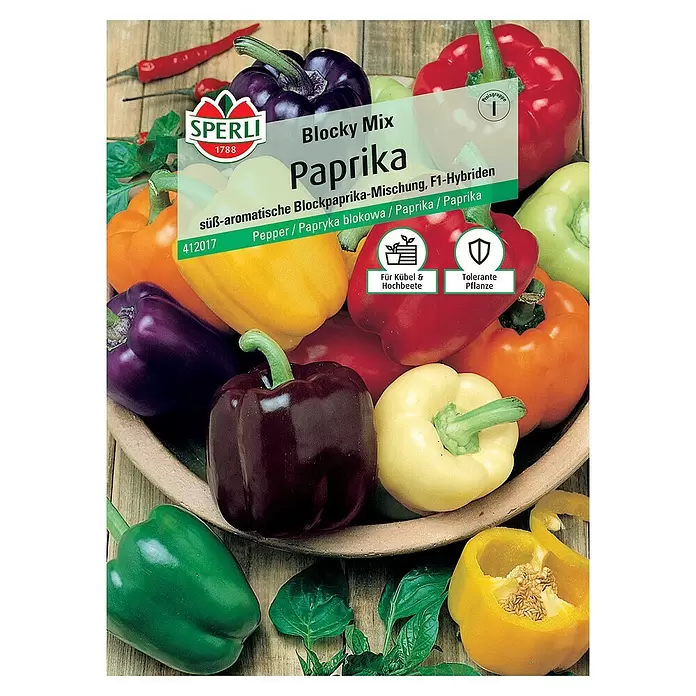 Sperli Gemüsesamen Paprika - Blocky Mix F1, Capsicum annuum, Erntezeit: Juni - Vorderansicht
