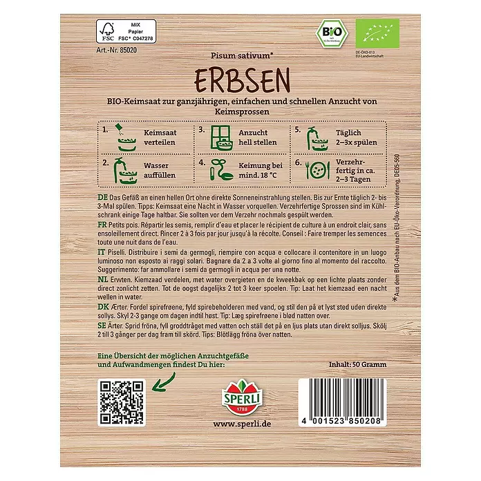 Sperli Saatgut Erbsen - Pisum sativum - Vorderansicht