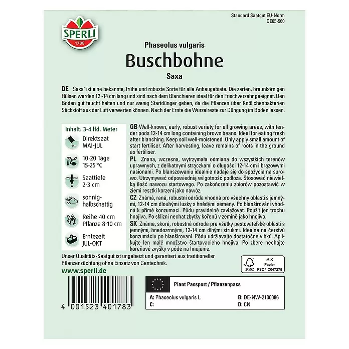 Sperli Gemüsesamen Buschbohne - Phaseolus vulgaris var. nanus, Erntezeit: Juli, Saxa - Rückansicht