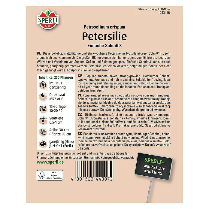 Sperli Kräutersamen Petersilie - Petroselinum crispum, Saatzeit: März, Erntezeit: März - Rückansicht
