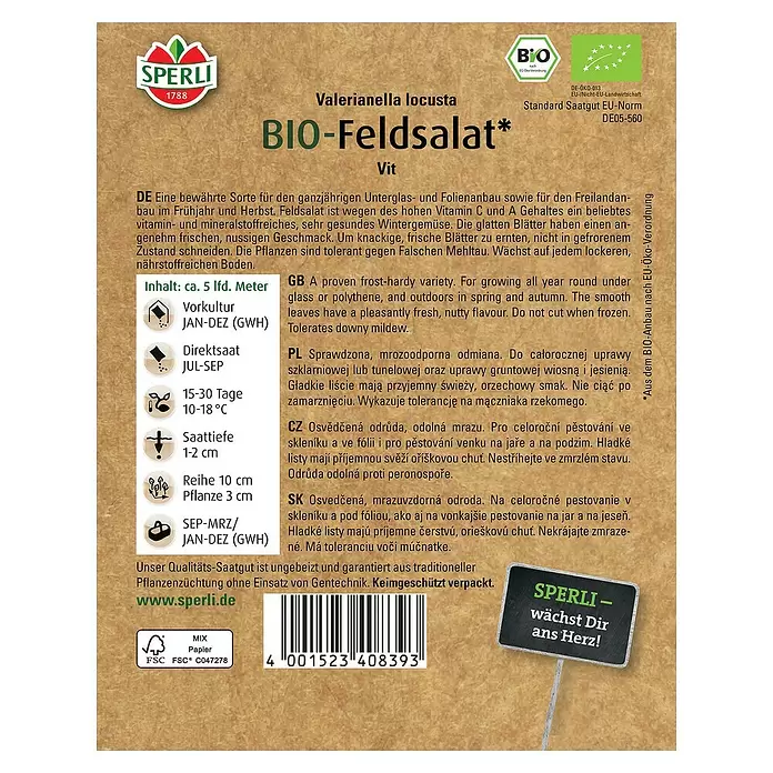 Sperli Salatsamen BIO Feldsalat - Valerianella locusta, Erntezeit: Ganzjährig - Rückansicht