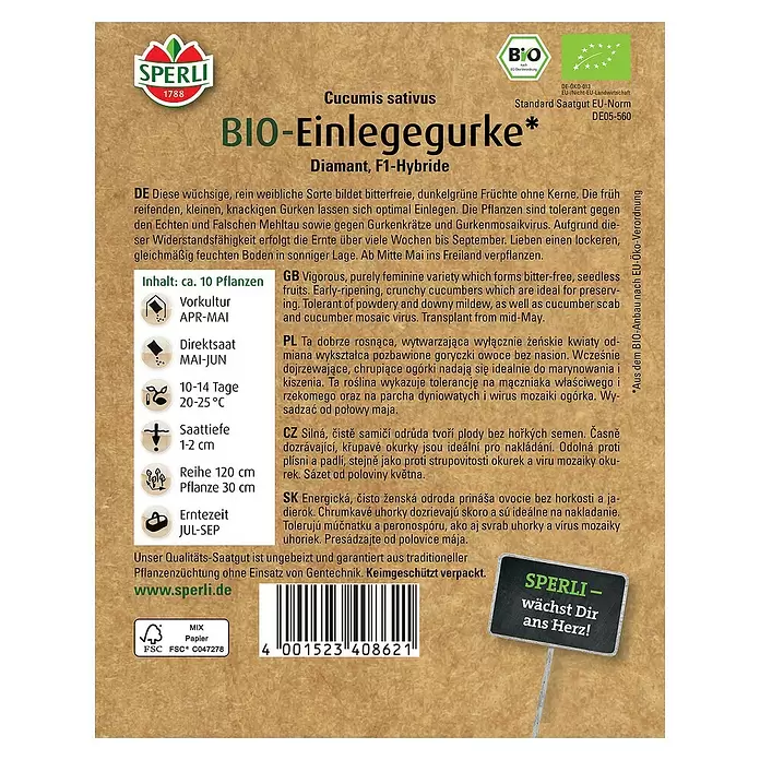 Sperli Gemüsesamen BIO Einlegegurke - Cucumis sativus, Erntezeit: Juli - Rückansicht