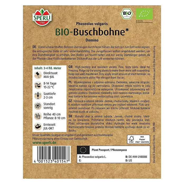 Sperli Gemüsesamen BIO Buschbohne - Phaseolus vulgaris var. nanus, Erntezeit: Juli - Rückansicht