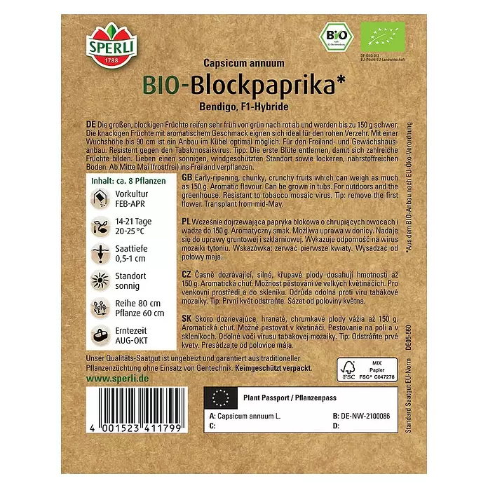 Sperli Gemüsesamen BIO Blockpaprika - Capsicum annuum, Erntezeit: August - Rückansicht