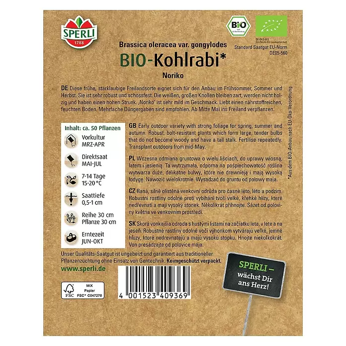 Sperli Gemüsesamen BIO Kohlrabi - Brassica oleracea var. gongylodes, Erntezeit: Juni - Rückansicht