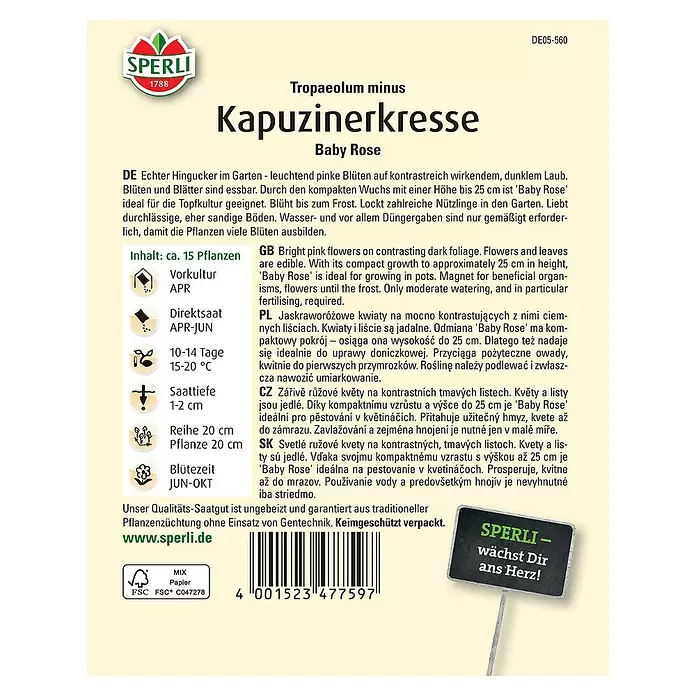 Sperli Kräutersamen Kapuzinerkresse - Tropaeolum minus, Saatzeit: April - Rückansicht