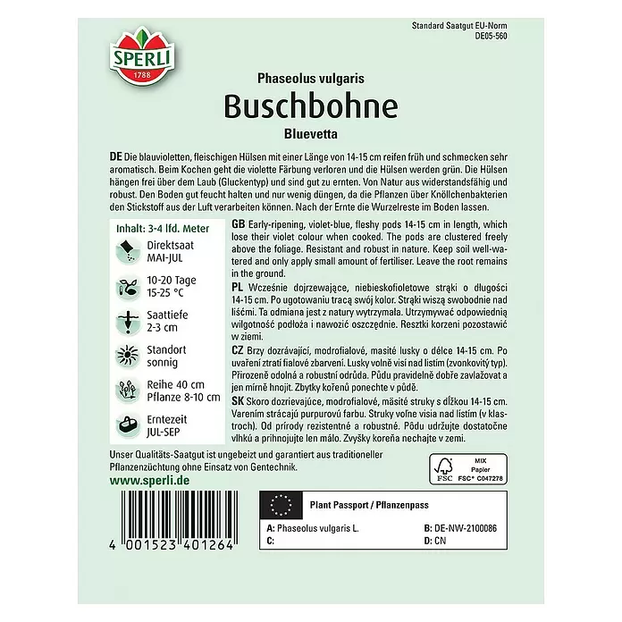 Sperli Gemüsesamen Buschbohne - Phaseolus vulgaris, Erntezeit: Juli, Bluevetta - Rückansicht