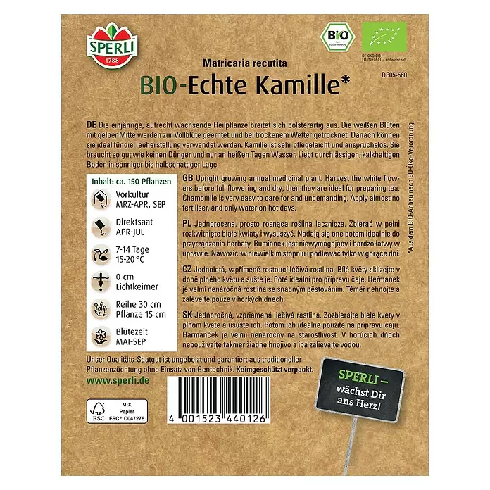 Sperli Kräutersamen BIO Echte Kamille - Matricaria recutita, Saatzeit: April - Rückansicht