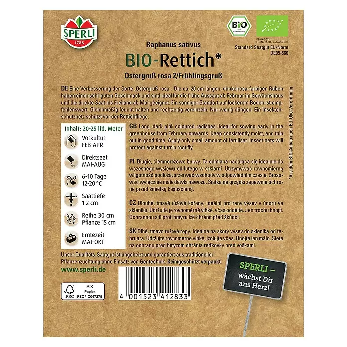 Sperli Gemüsesamen BIO Rettich - Raphanus sativus, Erntezeit: Mai - Rückansicht