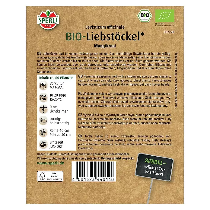 Sperli Kräutersamen BIO Liebstöckel - Levisticum officinale, Erntezeit: Juni - Rückansicht
