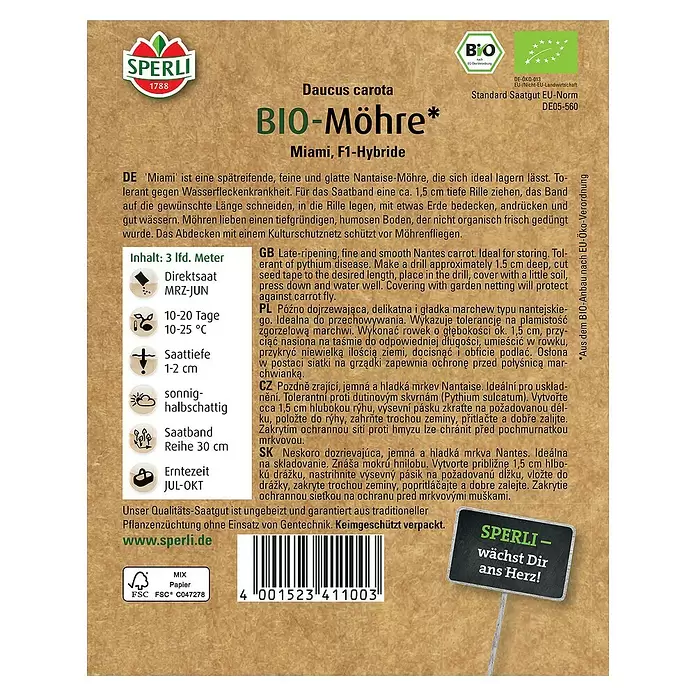 Sperli Gemüsesamen BIO Möhre - Daucus carota - Rückansicht