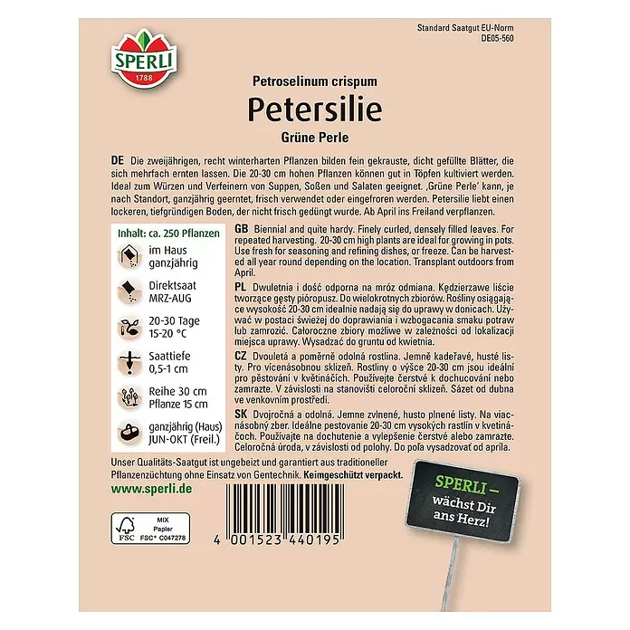 Sperli Kräutersamen Petersilie - Petroselinum crispum, Saatzeit: März, Erntezeit: Ganzjährig - Rückansicht