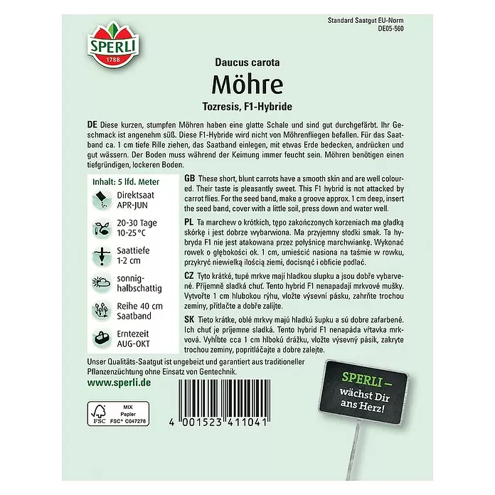 Sperli Gemüsesamen Möhre - Tozresis - Saatband, Daucus carota, Erntezeit: August - Rückansicht